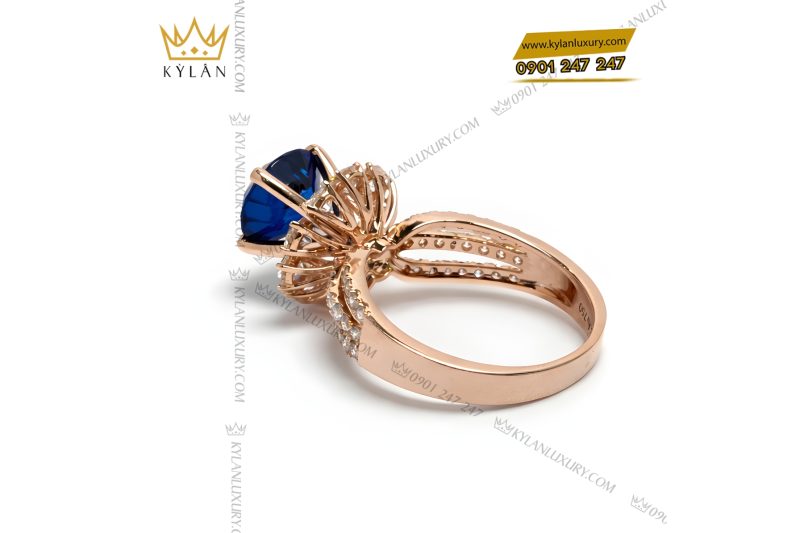 Nhẫn nữ vàng hồng Au750 đính kim cương và đá sapphire xanh