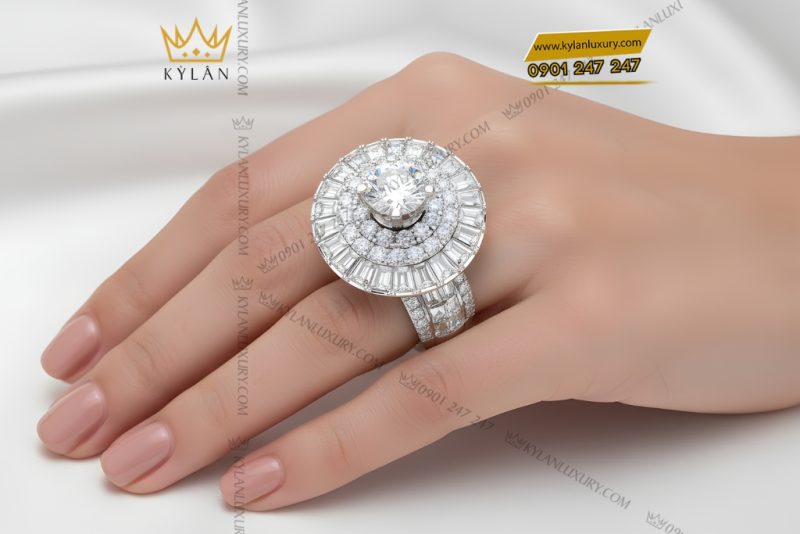 Nhẫn nữ vàng trắng Au750 đính kim cương