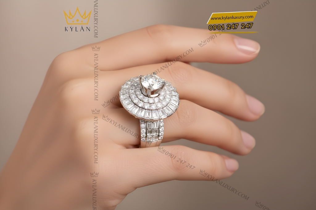 Nhẫn nữ vàng trắng Au750 đính kim cương