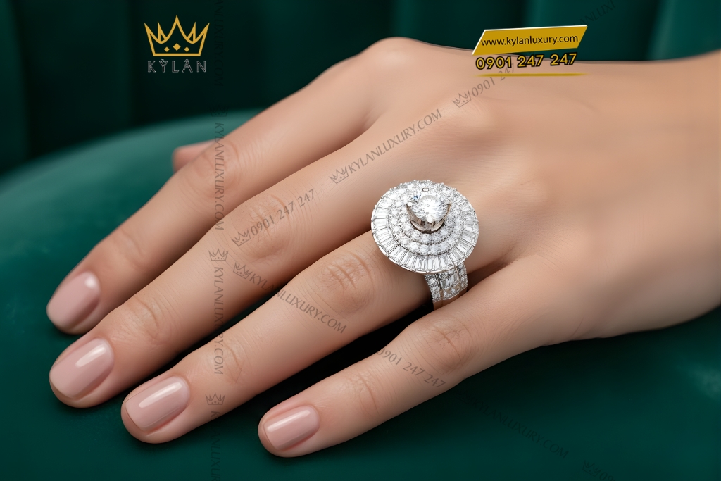 Nhẫn nữ vàng trắng Au750 đính kim cương