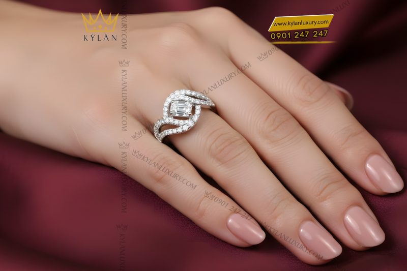 Nhẫn nữ vàng trắng Au750 đính kim cương