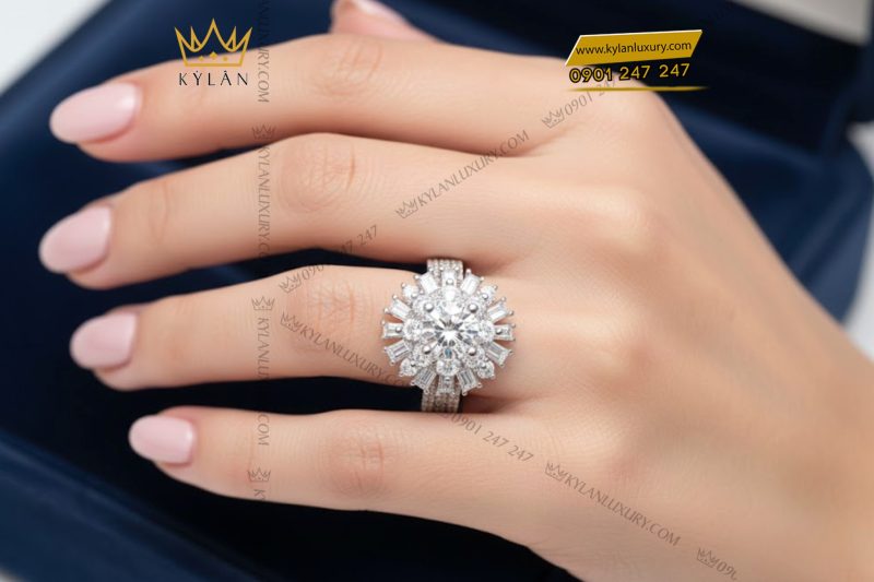 Nhẫn nữ vàng trắng Au750 đính kim cương