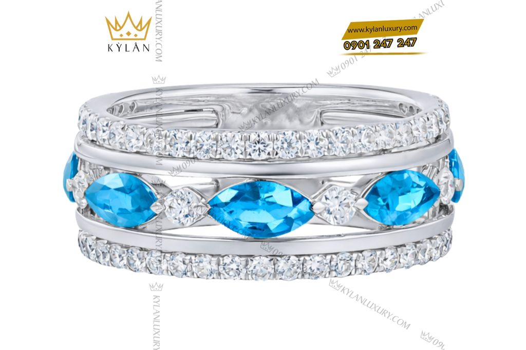 Nhẫn nữ vàng trắng Au750 đính kim cương và đá Topaz