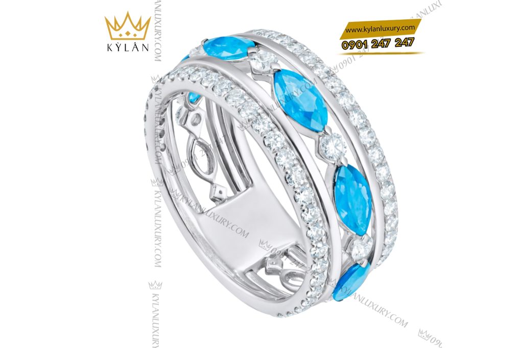 Nhẫn nữ vàng trắng Au750 đính kim cương và đá Topaz