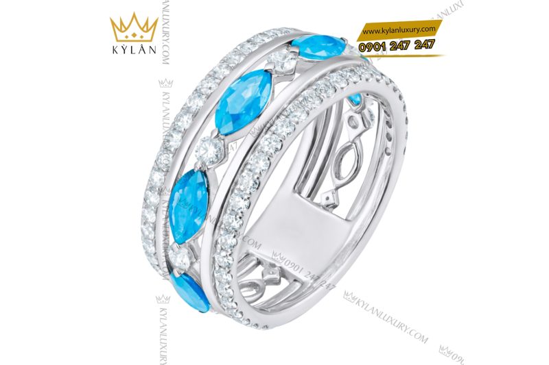Nhẫn nữ vàng trắng Au750 đính kim cương và đá Topaz