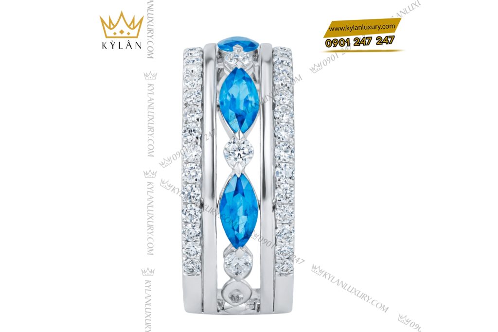 Nhẫn nữ vàng trắng Au750 đính kim cương và đá Topaz