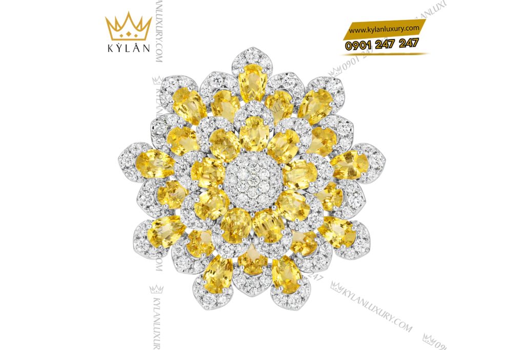 Nhẫn nữ vàng trắng Au750 đính kim cương và đá quý vàng