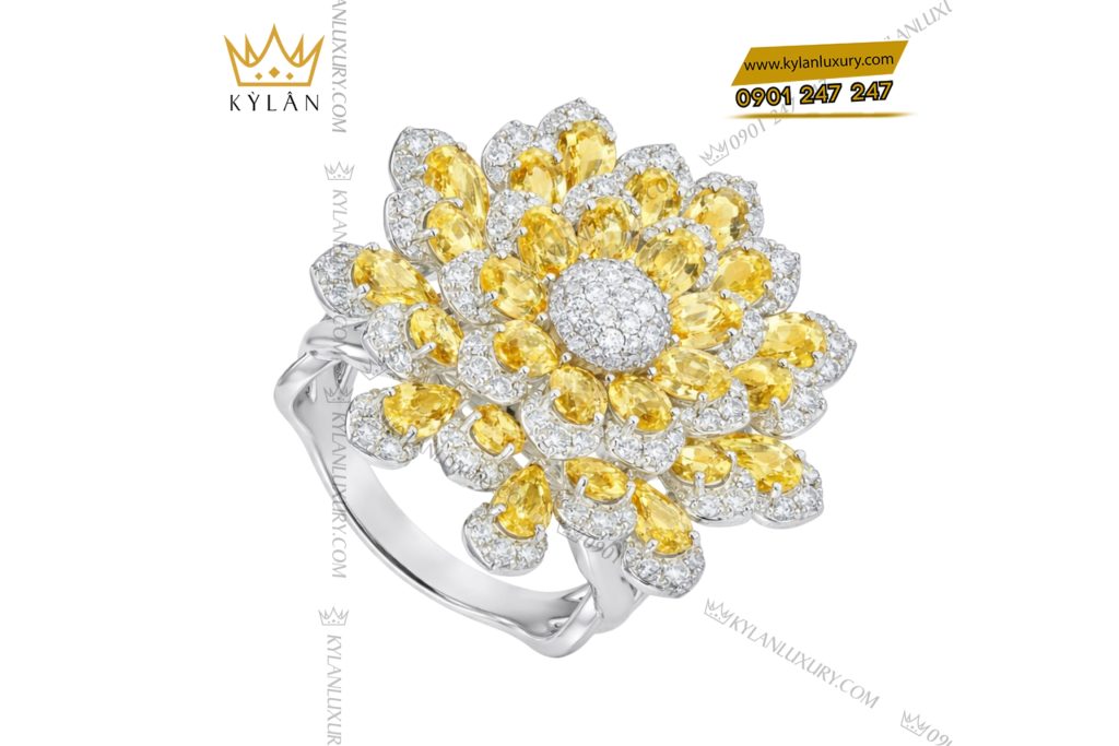 Nhẫn nữ vàng trắng Au750 đính kim cương và đá quý vàng