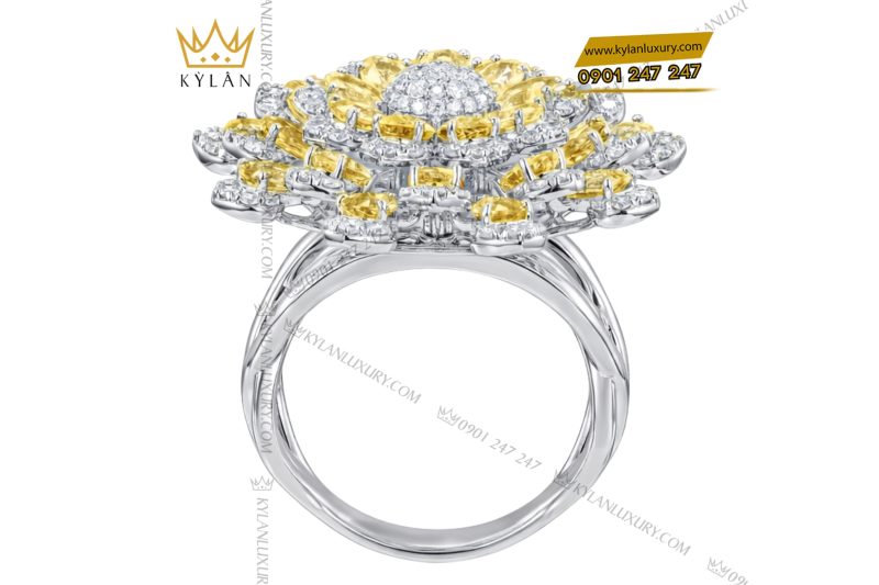 Nhẫn nữ vàng trắng Au750 đính kim cương và đá quý vàng