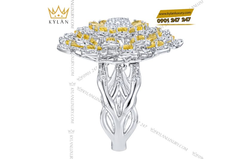 Nhẫn nữ vàng trắng Au750 đính kim cương và đá quý vàng