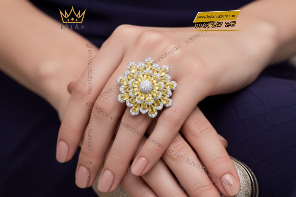 Nhẫn nữ vàng trắng Au750 đính kim cương và đá quý vàng