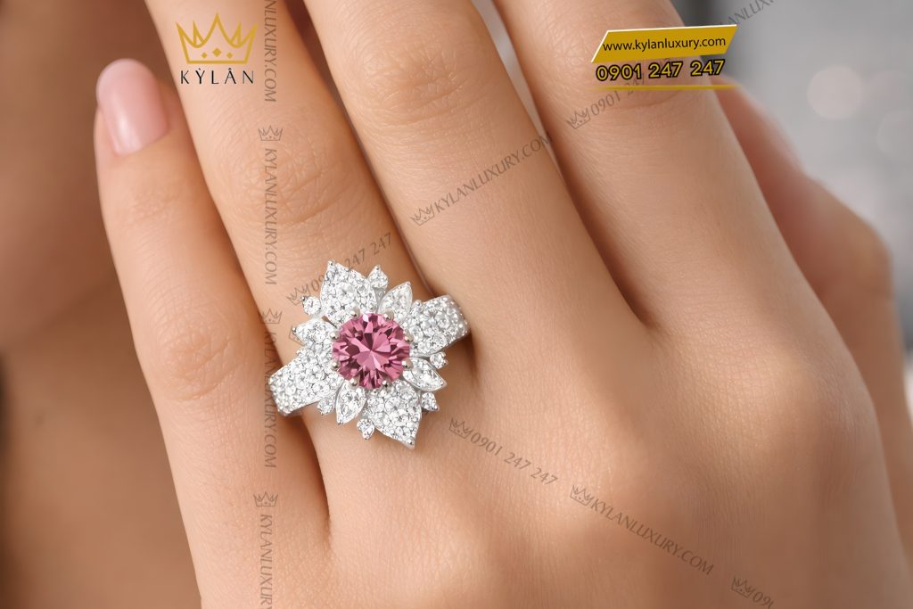 Nhẫn nữ vàng trắng Au750 đính kim cương và sapphire hồng