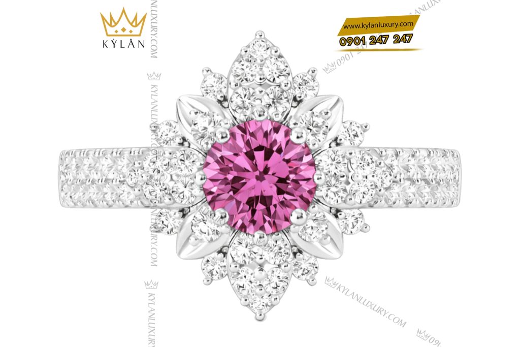 Nhẫn nữ vàng trắng Au750 đính kim cương và sapphire hồng