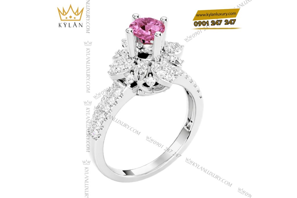 Nhẫn nữ vàng trắng Au750 đính kim cương và sapphire hồng