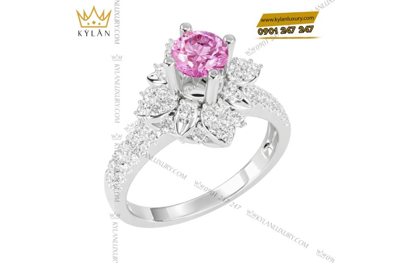 Nhẫn nữ vàng trắng Au750 đính kim cương và sapphire hồng