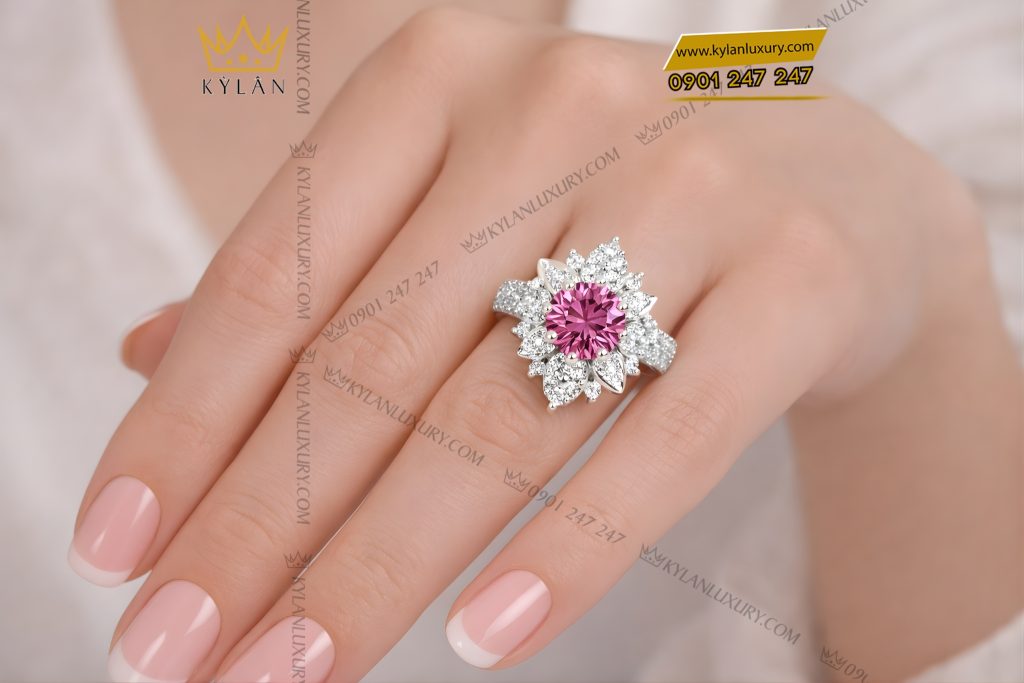 Nhẫn nữ vàng trắng Au750 đính kim cương và sapphire hồng