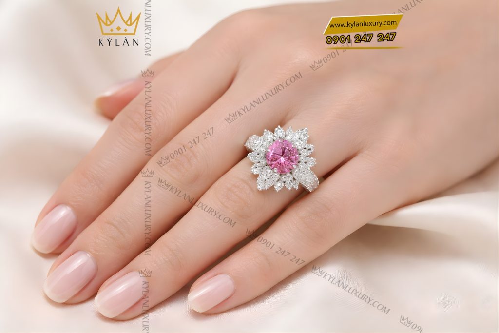 Nhẫn nữ vàng trắng Au750 đính kim cương và sapphire hồng