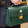 Túi Clutch da cá Alligator màu rêu đậm đính logo vàng LDH