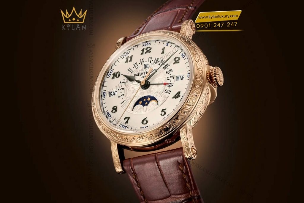 Kỳ Lân Luxury patek philippe 5160 500r 001 lich van nien 3 Đồng hồ Patek Philippe Grand Complications vàng hồng chạm khắc 5160/500R-001