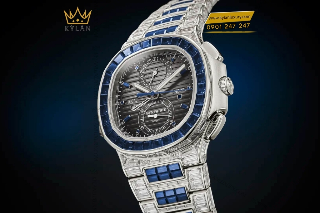 Kỳ Lân Luxury patek philippe nautilus 5990 1421g 001 kim cuong sapphire 2 Đồng hồ Patek Philippe Nautilus vàng trắng sapphire & kim cương 5990/1421G-001