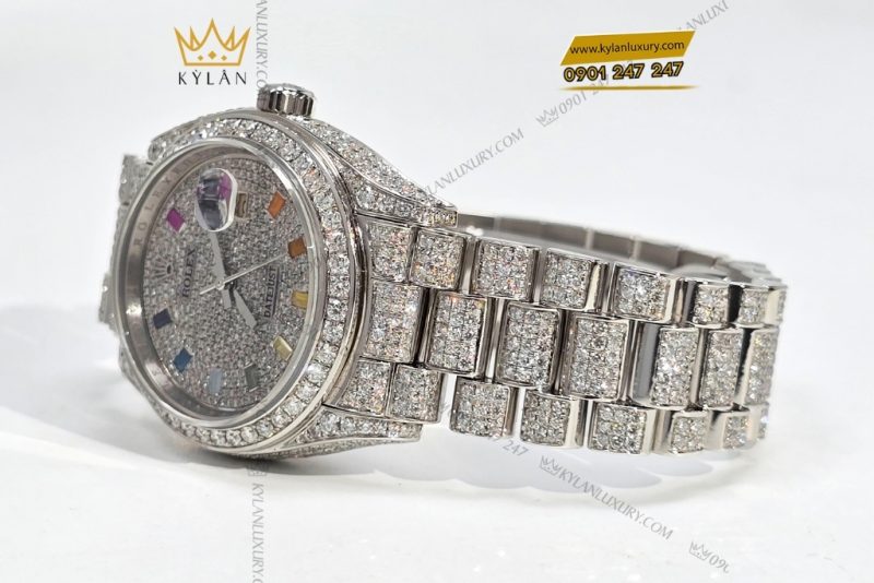 Đồng hồ Rolex Datejust 31 vàng trắng custom kim cương & đá quý rainbow
