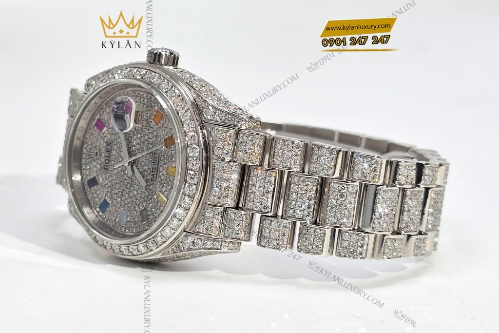 Kỳ Lân Luxury rolex datejust 31 vang trang custom kim cuong rainbow 13 Đồng hồ Rolex Datejust 31 vàng trắng custom kim cương & đá quý rainbow