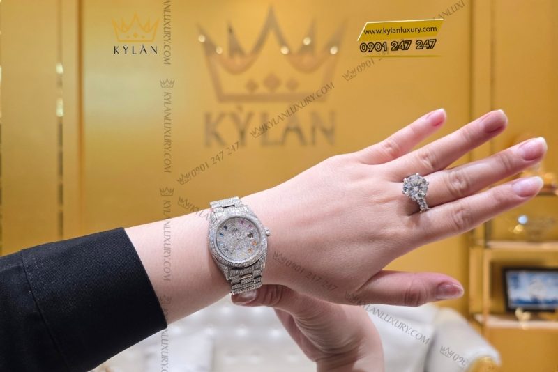 Đồng hồ Rolex Datejust 31 vàng trắng custom kim cương & đá quý rainbow
