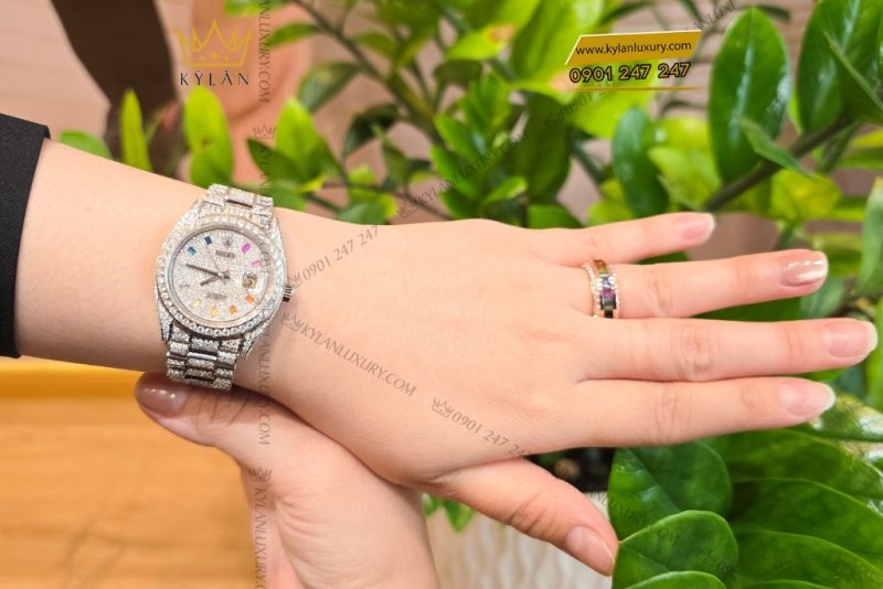 Đồng hồ Rolex Datejust 31 vàng trắng custom kim cương & đá quý rainbow