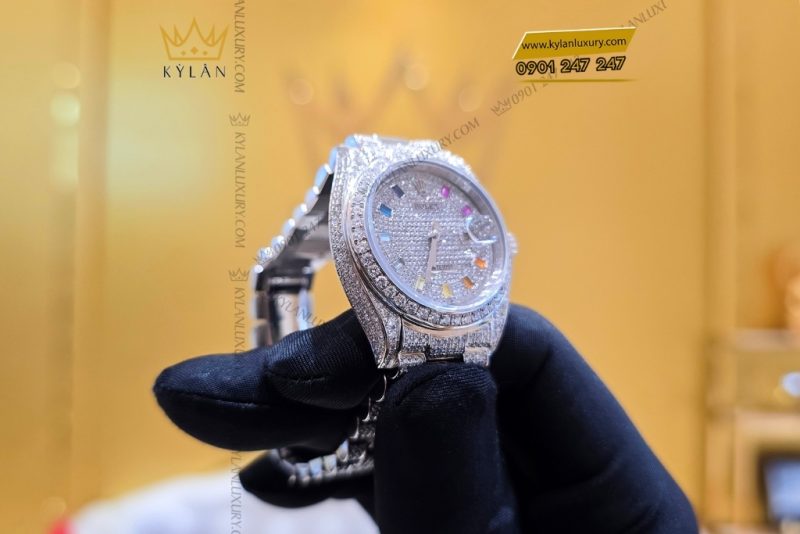 Đồng hồ Rolex Datejust 31 vàng trắng custom kim cương & đá quý rainbow