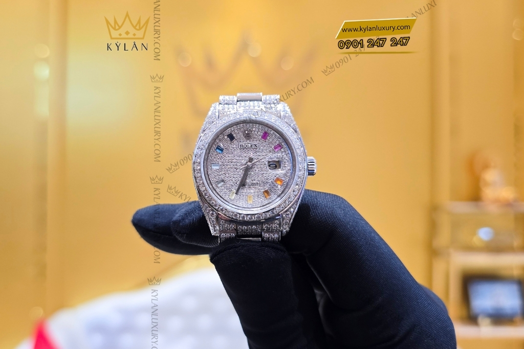 Kỳ Lân Luxury rolex datejust 31 vang trang custom kim cuong rainbow 3 Đồng hồ Rolex Datejust 31 vàng trắng custom kim cương & đá quý rainbow
