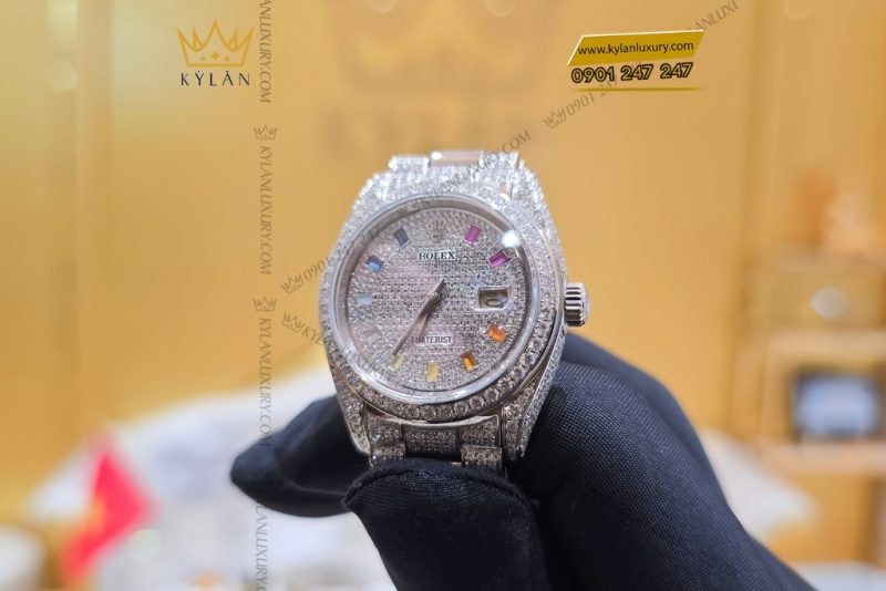 Đồng hồ Rolex Datejust 31 vàng trắng custom kim cương & đá quý rainbow