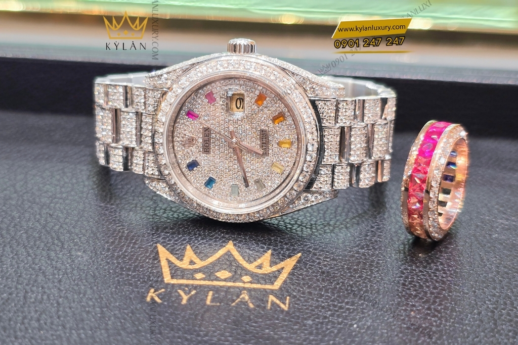 Kỳ Lân Luxury rolex datejust 31 vang trang custom kim cuong rainbow 5 Đồng hồ Rolex Datejust 31 vàng trắng custom kim cương & đá quý rainbow