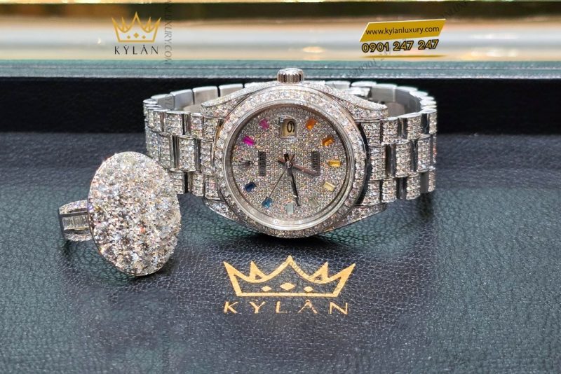 Đồng hồ Rolex Datejust 31 vàng trắng custom kim cương & đá quý rainbow