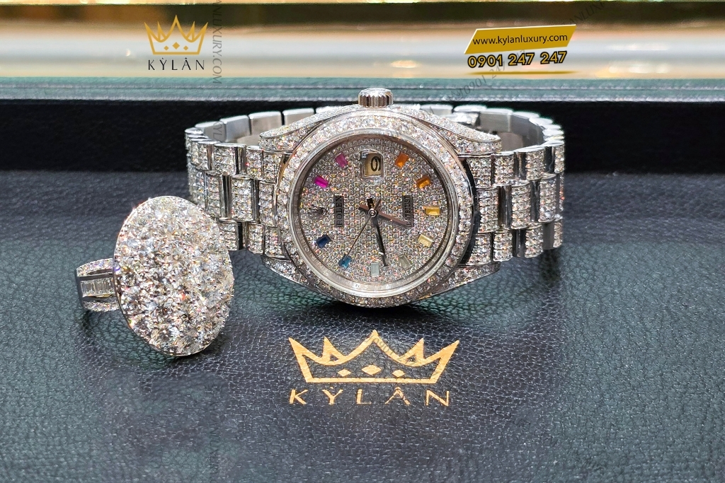 Kỳ Lân Luxury rolex datejust 31 vang trang custom kim cuong rainbow 6 Đồng hồ Rolex Datejust 31 vàng trắng custom kim cương & đá quý rainbow