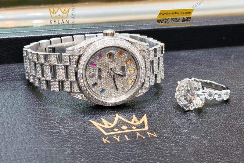 Đồng hồ Rolex Datejust 31 vàng trắng custom kim cương & đá quý rainbow