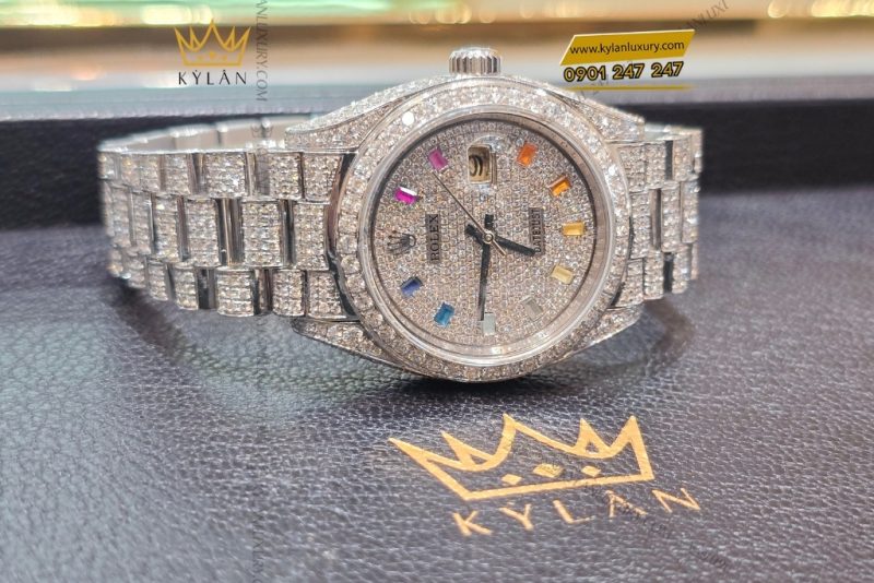 Đồng hồ Rolex Datejust 31 vàng trắng custom kim cương & đá quý rainbow