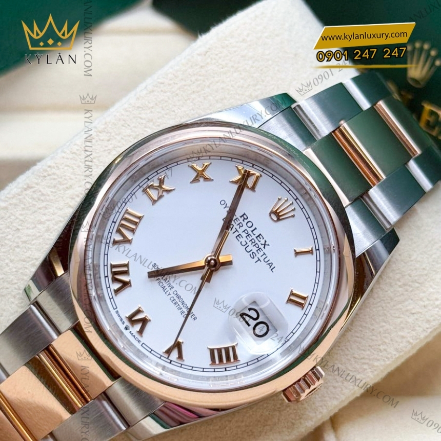 Kỳ Lân Luxury rolex datejust 36 126201 0016 mat trang la ma 7 Đồng hồ Rolex Datejust 36 mặt trắng cọc La Mã 126201-0016