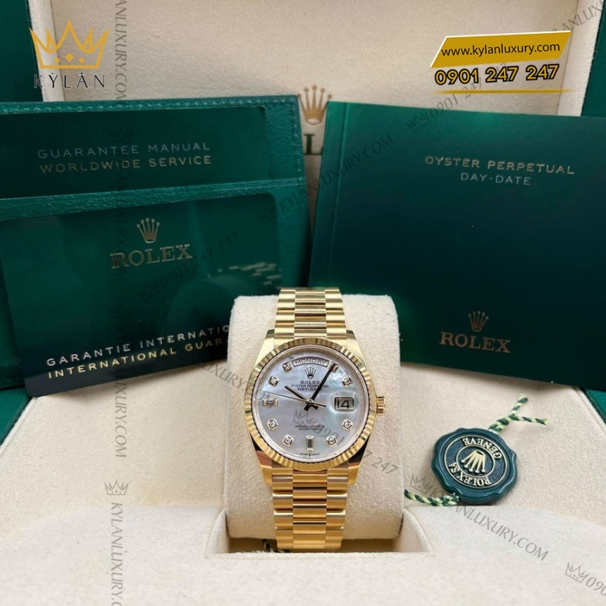 Kỳ Lân Luxury rolex day date 36 128238 0011 mat ngoc trai kim cuong 2 Đồng hồ Rolex Day Date 36 mặt ngọc trai kim cương 128238-0011
