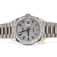 Đồng hồ Rolex Day Date 36 vàng trắng custom vành kim vuông 128239