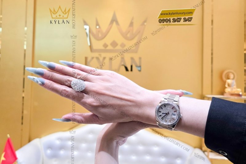 Đồng hồ Rolex Day Date 36 vàng trắng custom vành kim vuông 128239