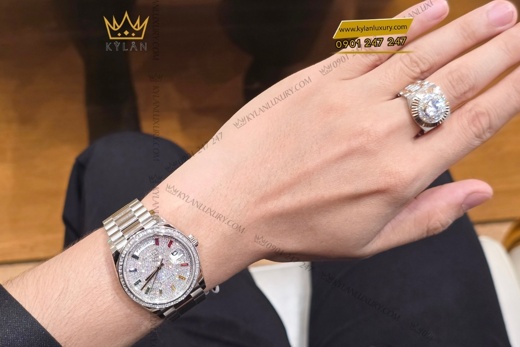 Kỳ Lân Luxury rolex day date 36 vang trang custom vanh kim vuong 128239 4 Đồng hồ Rolex Day Date 36 vàng trắng custom vành kim vuông 128239