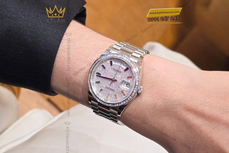 Đồng hồ Rolex Day Date 36 vàng trắng custom vành kim vuông 128239