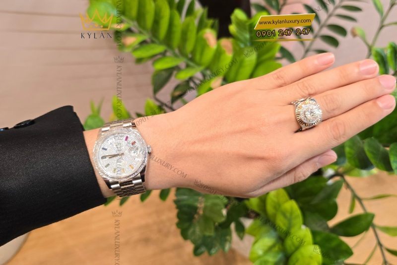 Đồng hồ Rolex Day Date 36 vàng trắng custom vành kim vuông 128239