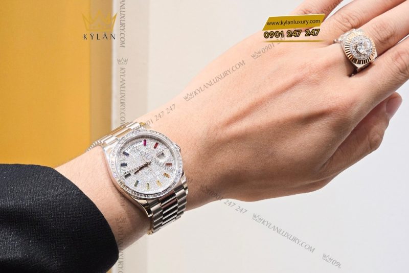 Đồng hồ Rolex Day Date 36 vàng trắng custom vành kim vuông 128239