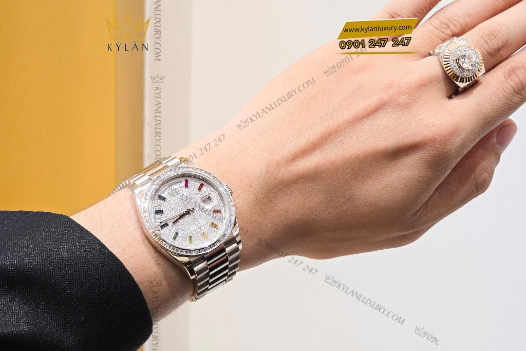 Kỳ Lân Luxury rolex day date 36 vang trang custom vanh kim vuong 128239 8 Đồng hồ Rolex Day Date 36 vàng trắng custom vành kim vuông 128239