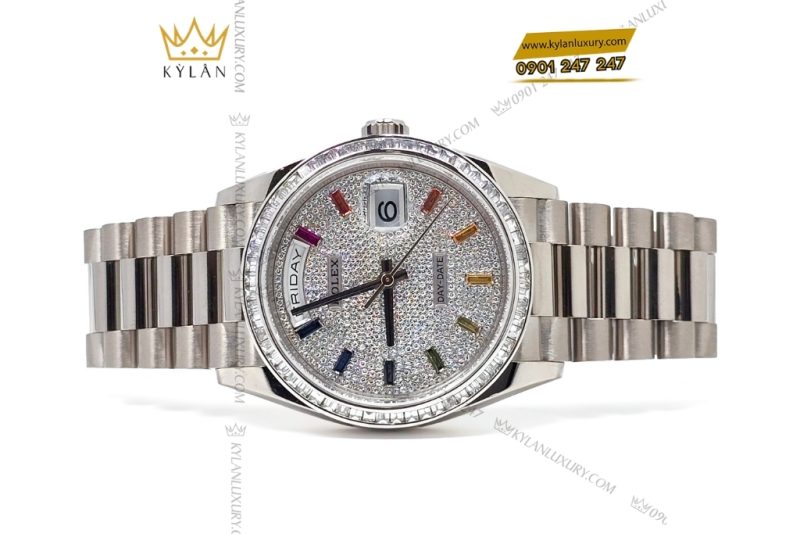 Đồng hồ Rolex Day Date 36 vàng trắng custom vành kim vuông 128239