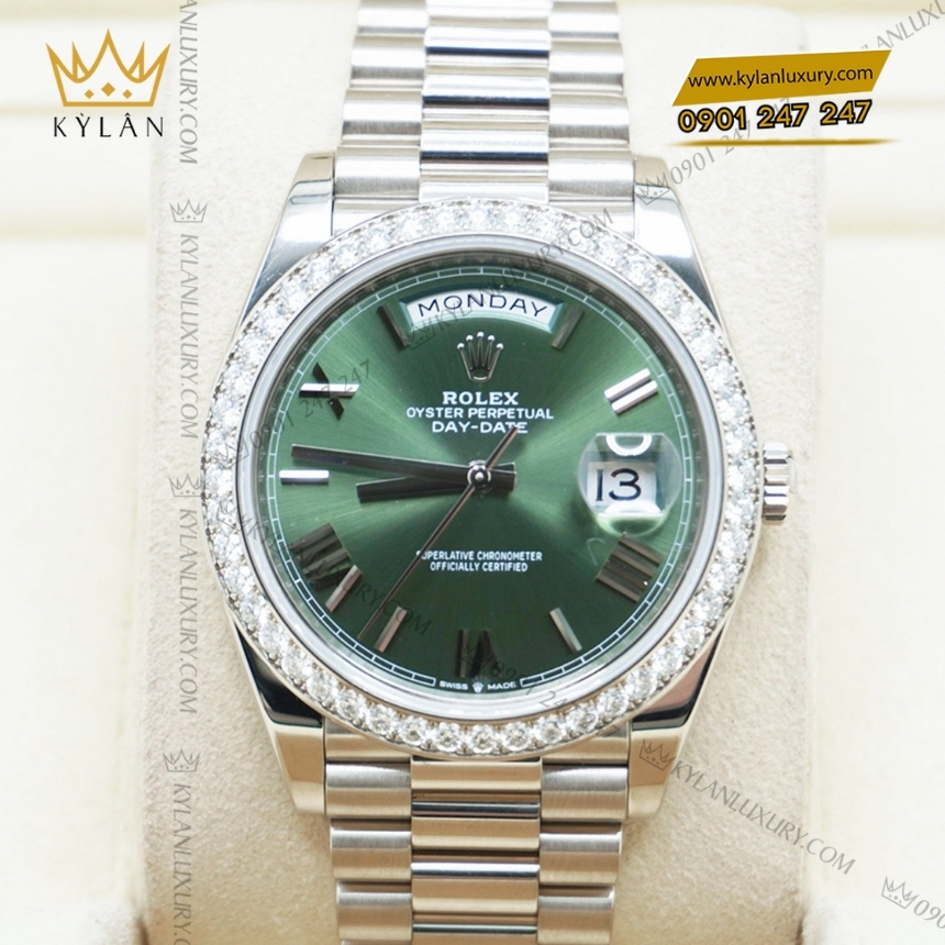 Kỳ Lân Luxury rolex day date 40 228349rbr 0030 xanh olive kim cuong 10 Đồng hồ Rolex Day Date 40 xanh olive vành kim cương 228349RBR-0030