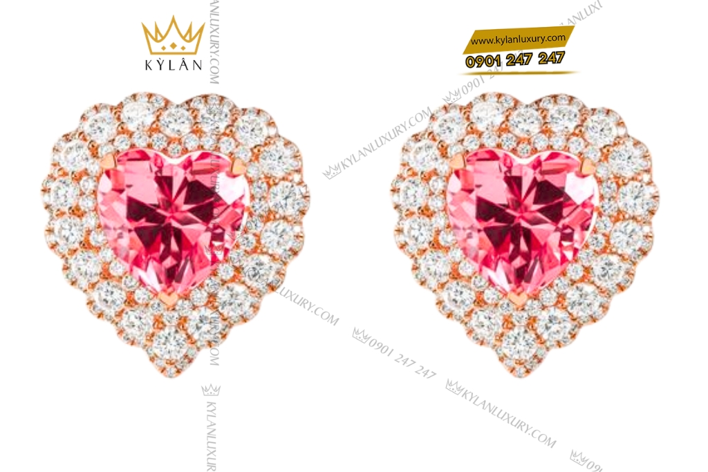 Bông tai trái tim vàng hồng Au750 đính kim cương và sapphire hồng