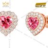Bông tai trái tim vàng hồng Au750 đính kim cương và sapphire hồng