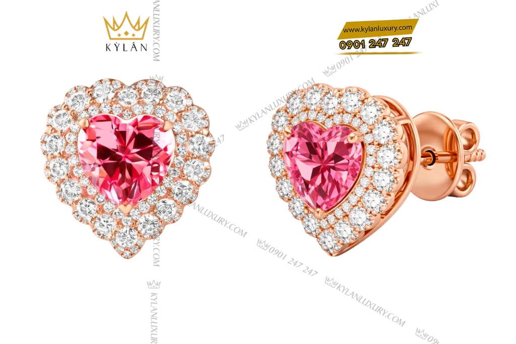 Bông tai trái tim vàng hồng Au750 đính kim cương và sapphire hồng